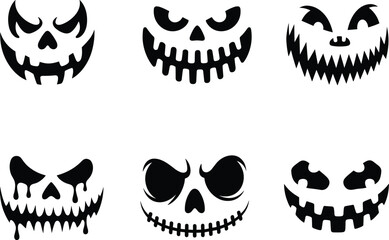 Spooky Halloween pumpkin face vector set featuring creepy expressions, scary silhouettes and horror grin artwork, perfect for stickers, decorations, posters, crafts and seasonal graphic design proje