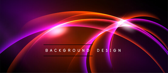 Abstract vibrant curves, glowing lines create dynamic background. Purple, orange, pink hues blend seamlessly. Modern design element.