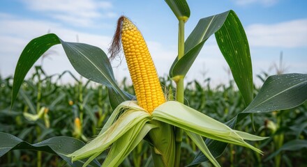Fresh Corn Cob Growing in a Lush Green Field.