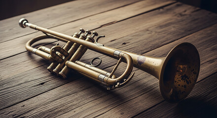 Obraz premium A vintage golden trumpet rests on a rustic wooden surface, evoking a sense of nostalgia and musical artistry