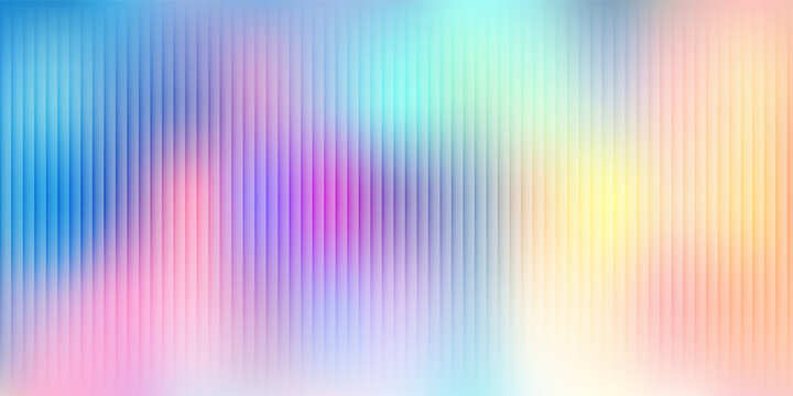 Ribbed glass surface. Abstract background with iridescent gradient pattern. Holographic light around blue metal wall. Corrugated plastic texture with modern color effect bg. Frosted window stripes.