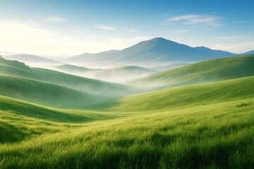Fototapeta premium Serene Green Hills Landscape at Morning Light with Soft Mist 