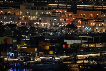 Doha, Qatar - December 10, 2025: Night view of Old Doha port redevelopment into Mina district Box Park Qatar
