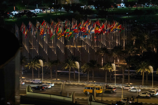 Doha, Qatar - The Flag Plaza, displays 119 flags from countries with authorized diplomatic missions, including flags of the European Union, the United Nation and the GCC