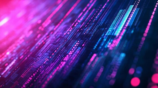 Digital data streams are moving across an abstract technology surface, featuring glowing pink and blue lights, representing network connections, big data analysis, and advanced computing