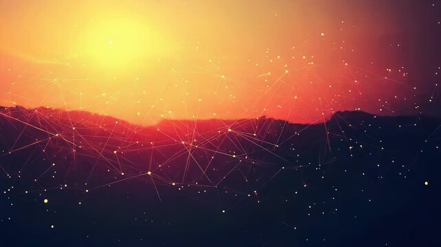 Abstract digital network weaving glowing nodes and mesh lines across a futuristic landscape, visualizing data flow, connectivity and intelligent systems in a vivid cyber grid