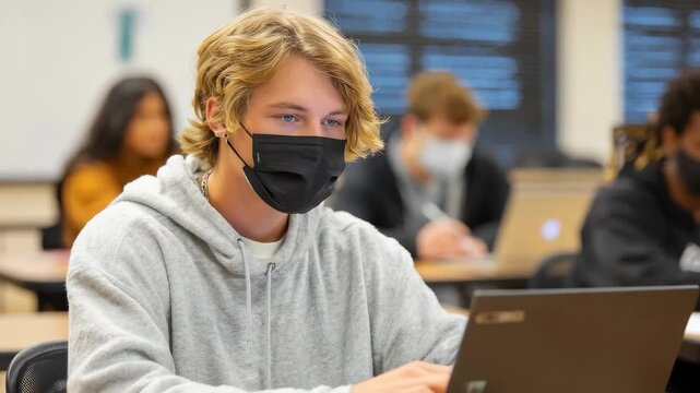 Student focused on online learning while wearing a mask in a classroom setting during a daytime session in a school environment
