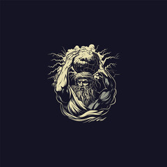 vintage engraving illustration featuring the Titan Atlas bearing the immense weight of the celestial sphere or world globe above his head