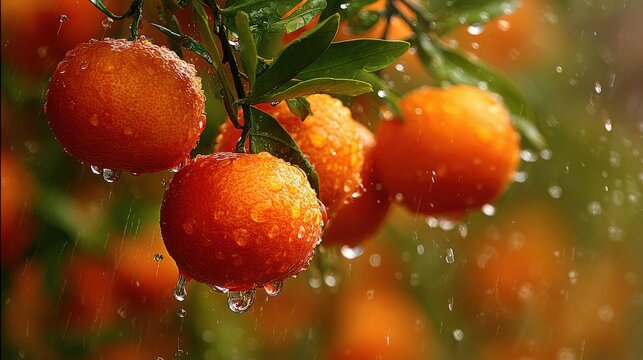Ripe citrus fruits hang heavily on branches while receiving a refreshing downpour