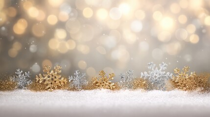Beautiful gold and silver snowflakes on a glittery background with bokeh lights, a charming festive Christmas decoration for holiday celebrations and seasonal designs.