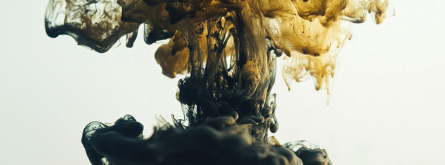 Abstract Swirls Of Dark And Golden Ink Dissolving In Clear Water Against A White Background Creating A Mushroom Cloud Shape And Dynamic Movement