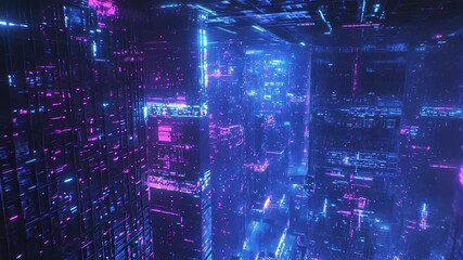 Futuristic neon urban grid glowing in blue and pink, abstract digital cityscape of interconnected data structures and networks evoking cyberpunk technology and global connectivity - Powered by Adobe