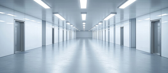 Modern White Corridor with Elevators and Fluorescent Lighting Showing a Clean and Minimalist Architectural Design