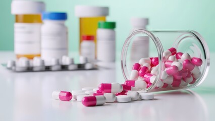 Vibrant pink and white medication capsules spill from a glass bottle, surrounded by assorted pharmaceutical containers, symbolizing comprehensive healthcare and medical treatment