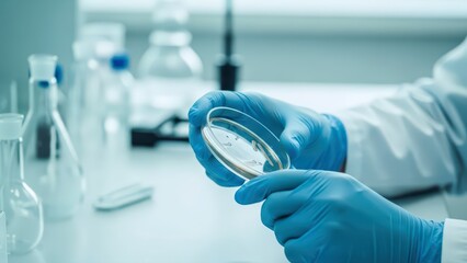 Biomedical professional in blue gloves meticulously examines a petri dish, analyzing vital cell cultures within a bright, sterile laboratory for breakthrough innovation