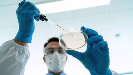 Dedicated researcher in blue gloves carefully pipettes a vital sample into a Petri dish for pharmaceutical development and scientific innovation