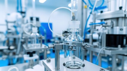 Glass vial firmly held by automated laboratory equipment undergoing precise medical manufacturing in a sterile blue-toned cleanroom environment