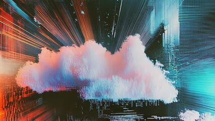 Abstract cloud computing concept showing a digital data transfer with glitch effects and technological structures, visualizing global networking and internet connectivity - Powered by Adobe