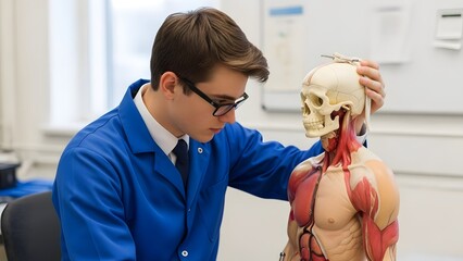 Medical Student Studying Human Anatomy Model in Classroom.