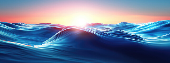 Digital Abstract Ocean Waves at Sunrise with Glowing Blue Particles and Warm Horizon Light