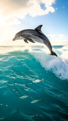 Fototapeta premium Dolphin Leaping from Blue Ocean Wave with Fish Below in Natural Marine Environment, Wallpaper Style