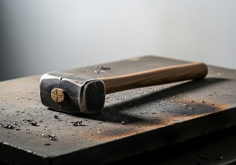 Heavy sledgehammer rests on a workbench amidst metal shavings, close-up