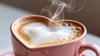 Pink heart shaped cup with heart shaped foam latte. 