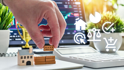 Hand Placing Brick for Real Estate Development with Financial Icons Overlay and Market Analysis Charts in Background