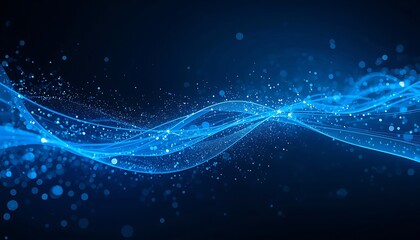 A vibrant blue abstract wave of digital particles flowing across a dark background