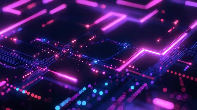 Digital circuit board with glowing neon connections visualizing data flow, artificial intelligence, and cutting edge computing technology in an abstract futuristic design