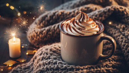 ホイップクリームを渦巻き状にトッピングしたホットチョコレートのクローズアップ
