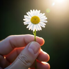 Hand holds a delicate daisy, sunlight streams through, illuminating petals