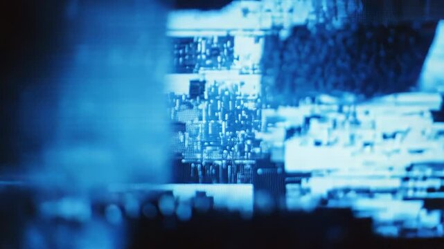 Abstract digital data displaying a blue screen glitching with pixelated fragments and distorted lines, representing technological errors, cyber issues, or a futuristic interface