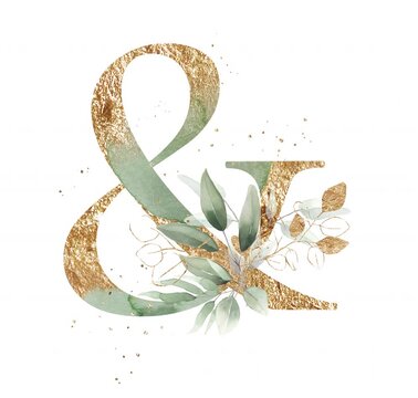 ampersand alphabet initial letter watercolor greenery foliage with line art delicate animation romantic illustrated alpha mask animation golden