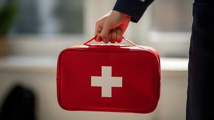 Person Holding Red First Aid Kit with White Cross.