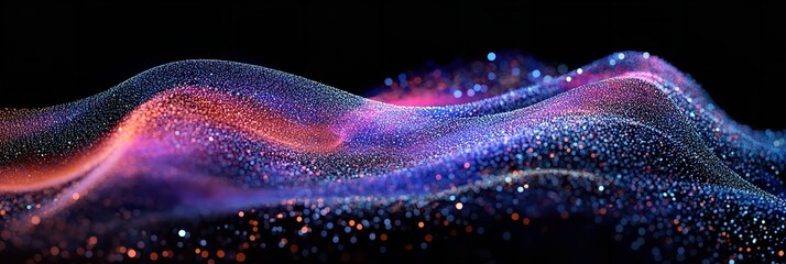 Vibrant digital wave of colorful particles on black background, abstract technology concept with glowing dots and lines.