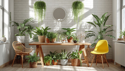 Fototapeta premium Bright sunlit room filled with lush green houseplants and natural wood furniture