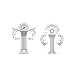vintage engraving illustration of a classical architectural column, adorned with powerful celestial symbols: a shining sun resting atop the pillar and two crescent moons flanking the sides