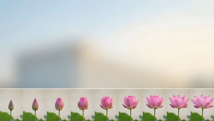 Row of Pink Tulips Blooming in Garden.