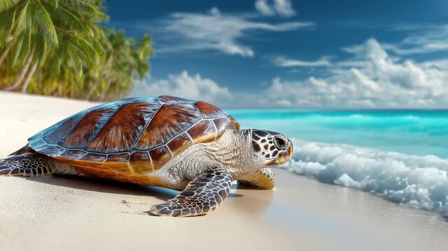 Sea turtle emerges from the turquoise water onto a sandy beach under a clear sky with palm trees in the background