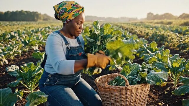 Woman Harvesting Collard Greens in Field.