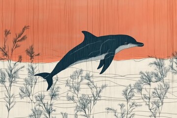 Minimalistic dolphin swimming in ocean against orange and white abstract background