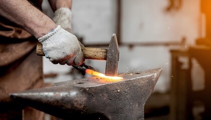 Blacksmith working with hammer and hot metal on an anvil in a workshop.