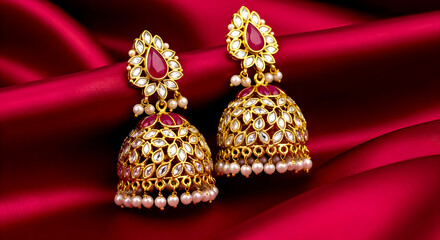 Golden Jhumka Earrings With Gemstone Enamel and Pearl Borders On Rich Red Silk