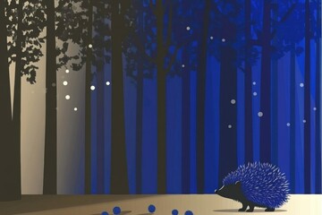 Minimalistic forest scene with hedgehog at night