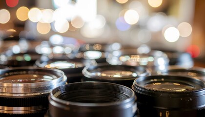 Close up of many dark bowls with bokeh lights in the background.