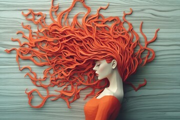 Minimalistic illustration of a woman with flowing red hair on wooden background