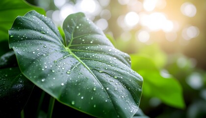 Close up of large green elephant ear leaves with water droplets in soft sunlight.