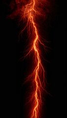 Fototapeta premium Intense fiery red lightning bolt striking vertically through pure black darkness.