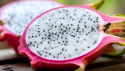 Close-up of a vibrant dragon fruit cut in half, revealing its white flesh and black seeds.